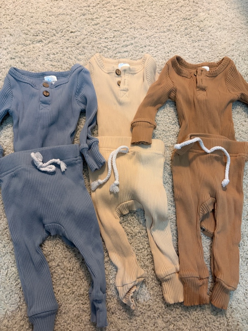 Little One Shop Ribbed Henley onesie and pants sets  - Blue, Cream, Brown